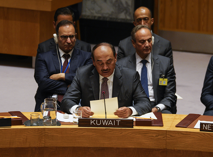 Deputy Prime Minister and Foreign Minister Sheikh Sabah Khaled Al-Hamad Al-Sabah delivers his speech at the UN Security Council