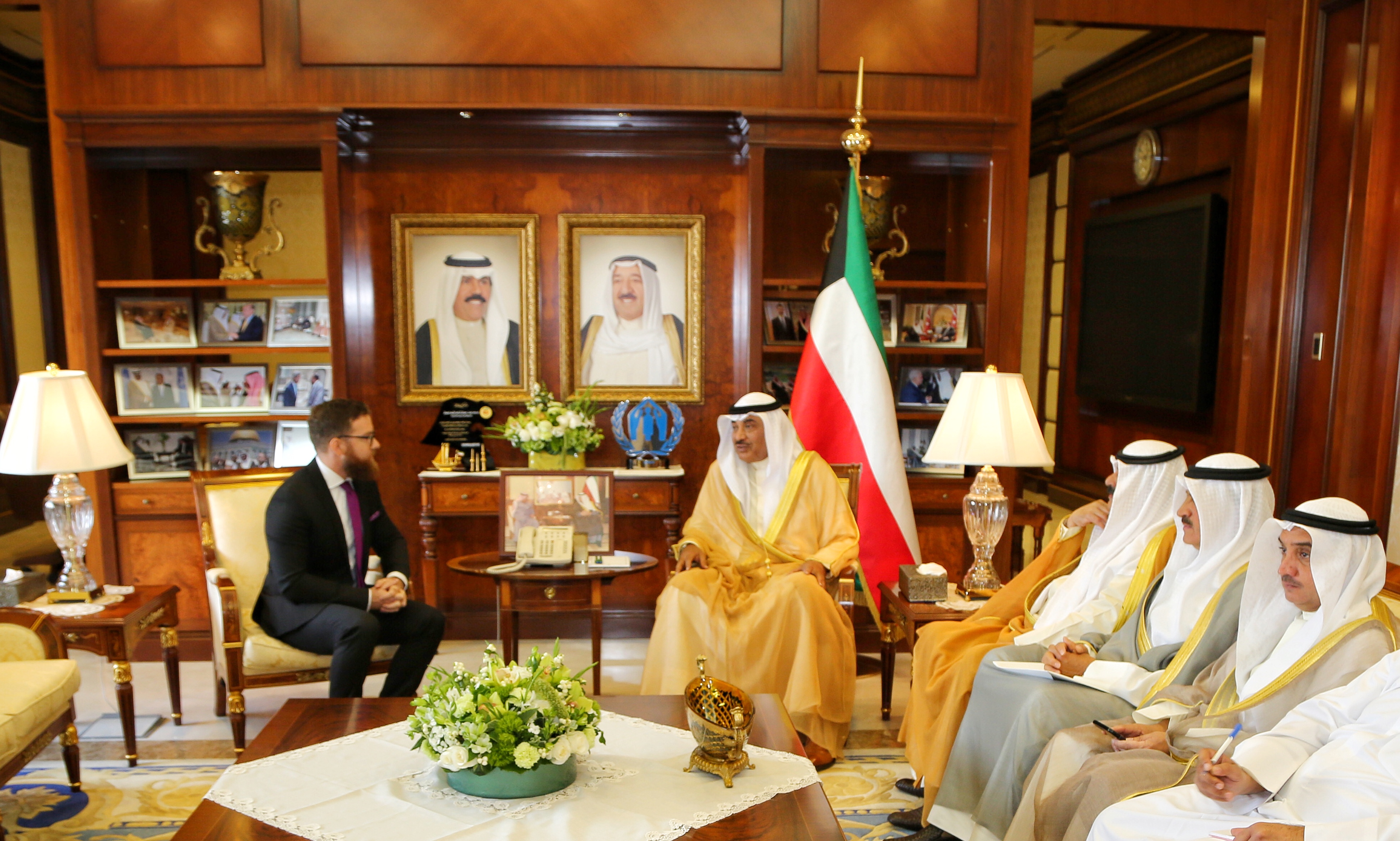 Deputy Prime Minister and Minister of Foreign Affairs Sheikh Sabah Al-Khaled Al-Hamad Al-Sabah receives the credentials of the newly appointed Hungary Ambassador to Kuwait