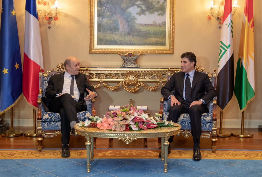 وزير الخارجية الفرنسي في استقباله رئيس حكومة إقليم كردستان نيجيرفان البارزاني