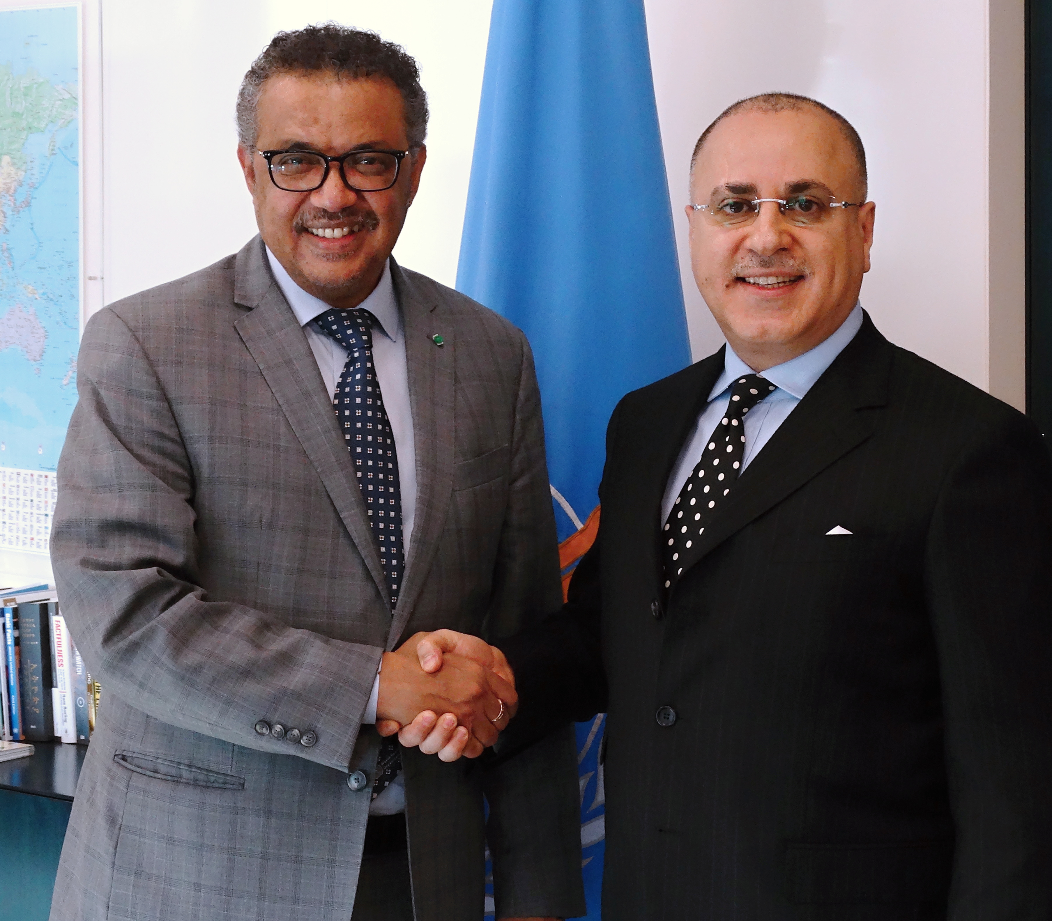 WHO's Director-General Tedros Ghebreyesus meets with Kuwait's permanent representative to the UN Ambassador Jamal Al-Ghunaim