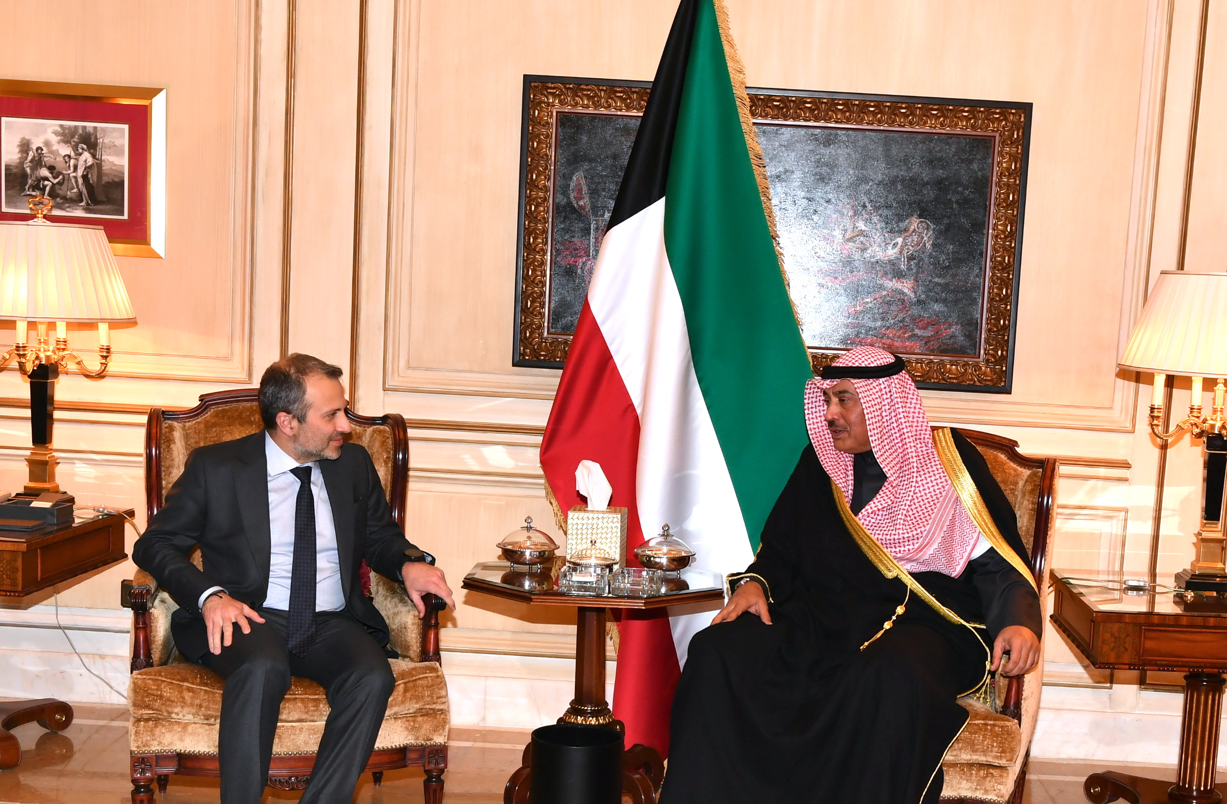 Representative of His Highness the Amir, Deputy Prime Minister and Foreign Minister Sheikh Sabah Al-Khaled meets Lebanon's Minister of Foreign Affairs and Emigrants Gebran Bassil