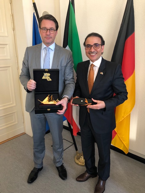 Germany's Federal Minister of Transport and Digital Infrastructure Andreas Scheuer with Kuwaiti Ambassador to Germany Najeeb Al-Bader