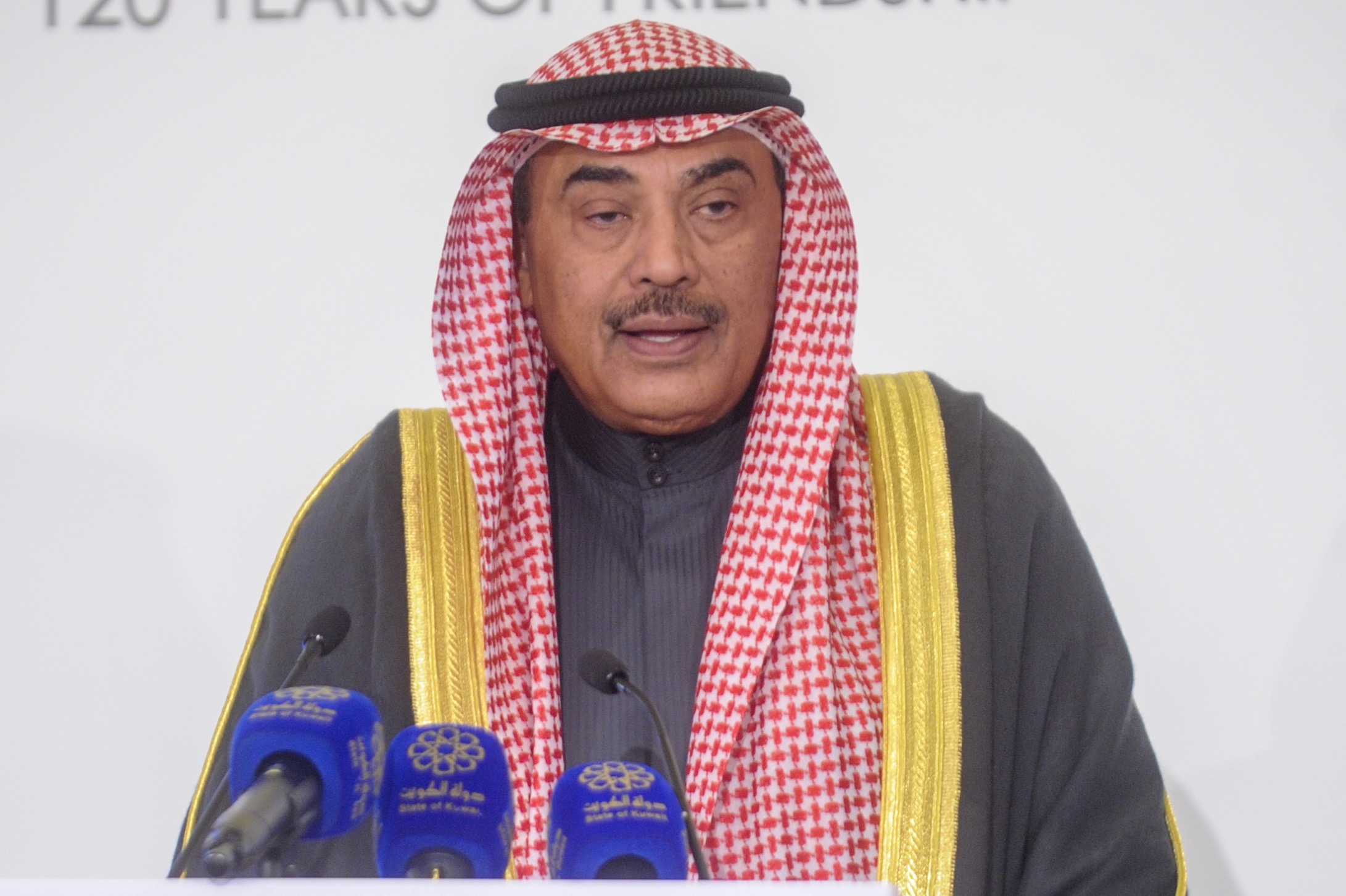 Kuwait's Deputy Prime Minister and Foreign Minister Sheikh Sabah Khaled Al-Hamad Al-Sabah speaking at the ceremony