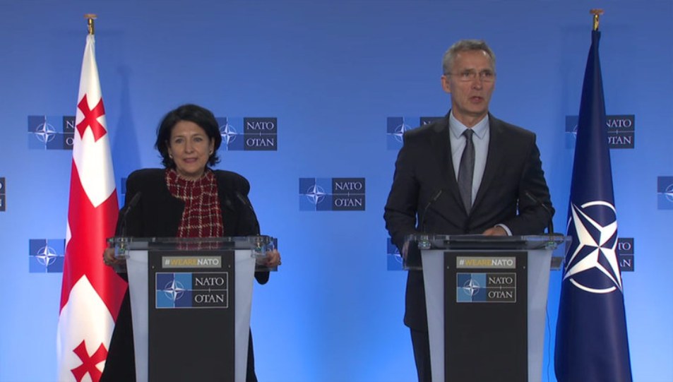 NATO Sec Gen Jens Stoltenberg and  President Salomé Zourabichvili  of GEorgia at  the press conference