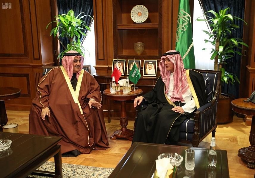Saudi Minister of State for Foreign Affairs Adel Al-Jubeir meets with Bahraini Foreign Minister Sheikh Khaled Al-Khalifa