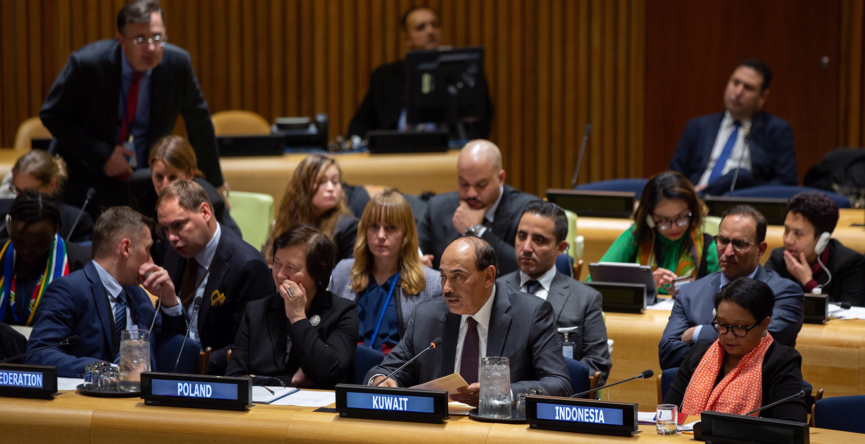 Deputy Prime Minister and Minister of Foreign Affairs Sheikh Sabah Khaled Al-Hamad Al-Sabah addresses the UN Security Council session on the potential of national action plans for advancing Women