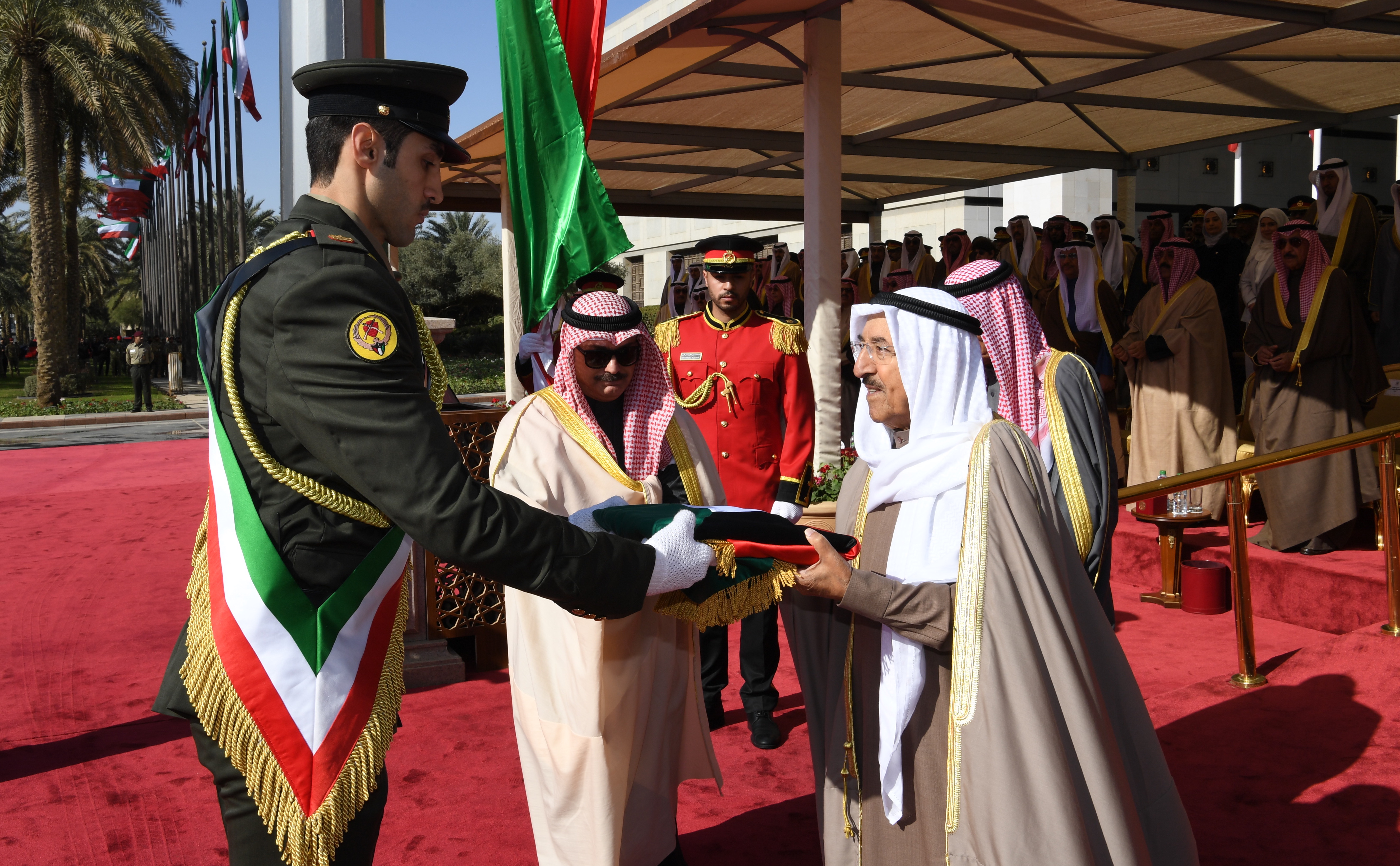 His Highness the Amir Sheikh Sabah Al-Ahmad Al-Jaber Al-Sabah patronized the ceremony of hoisting the Kuwaiti Flag at Bayan Palace