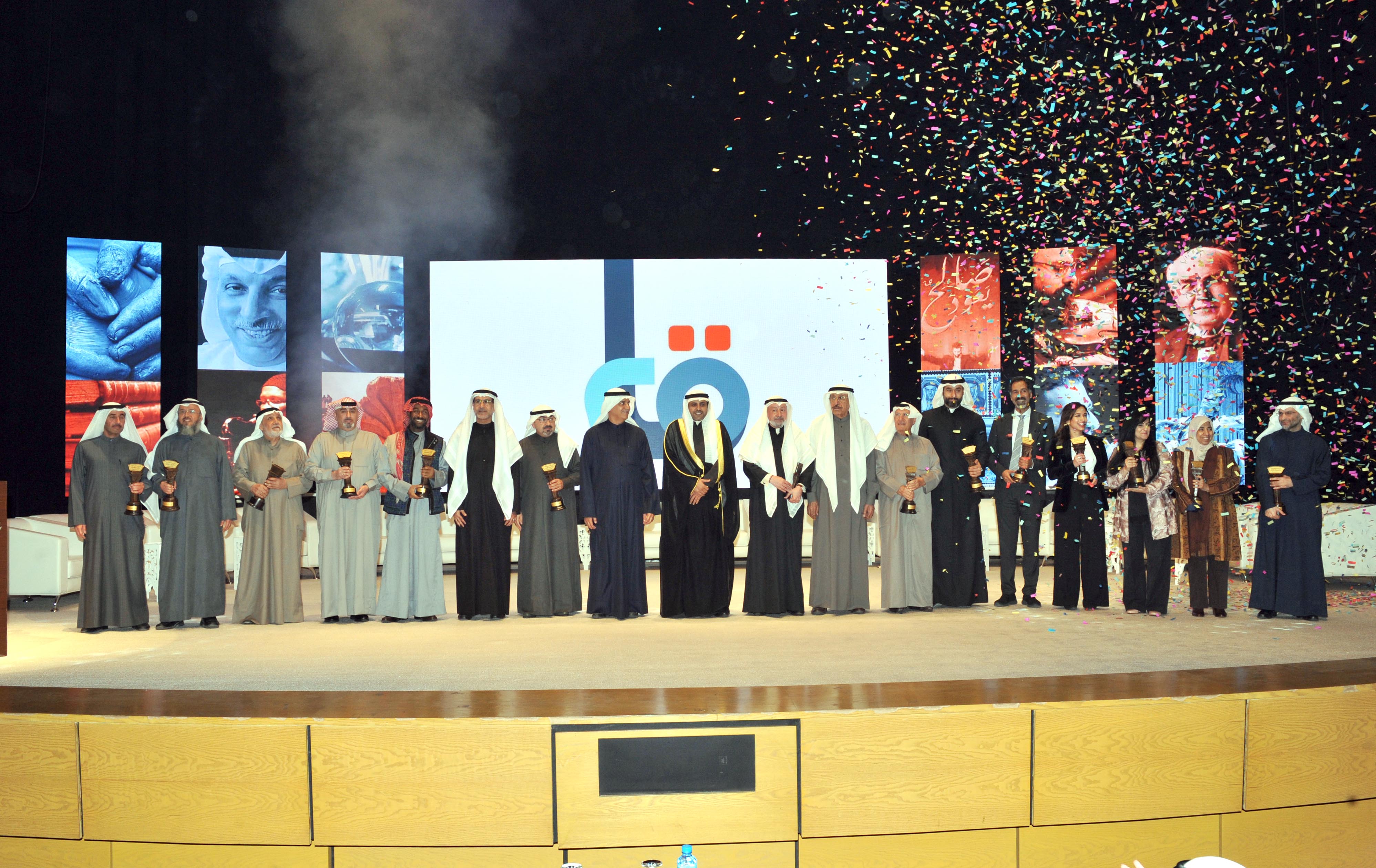 Minister of Information and Minister of State for Youth Affairs Mohammad Al-Jabri with Winners of Kuwait state orders of merit and incentive awards for 2018