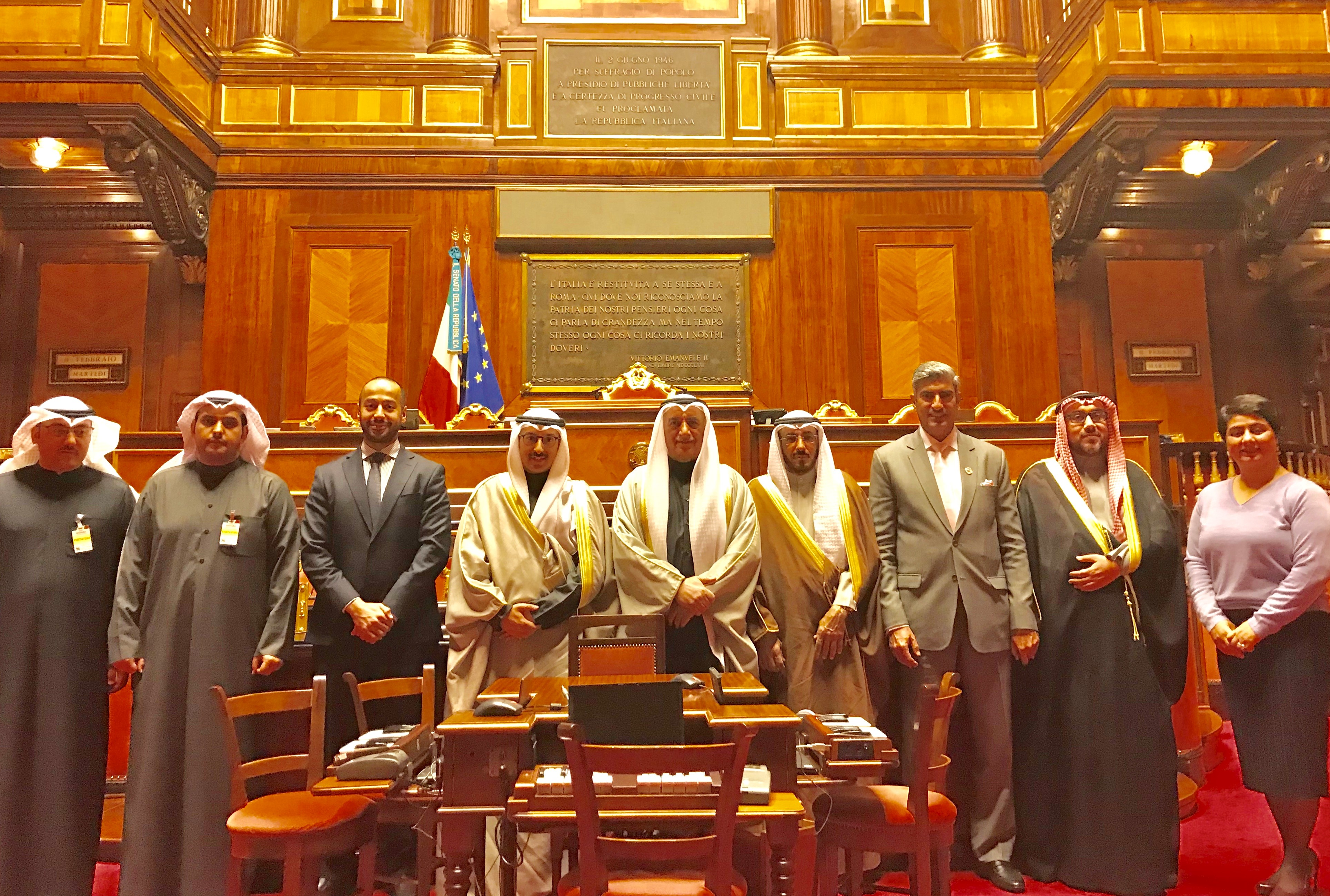Head of the friendship committee in the National Assembly, Shuaib Al-Muwaizri, MPs, commission members, accompanying delegation at historic hall of Italian Senate