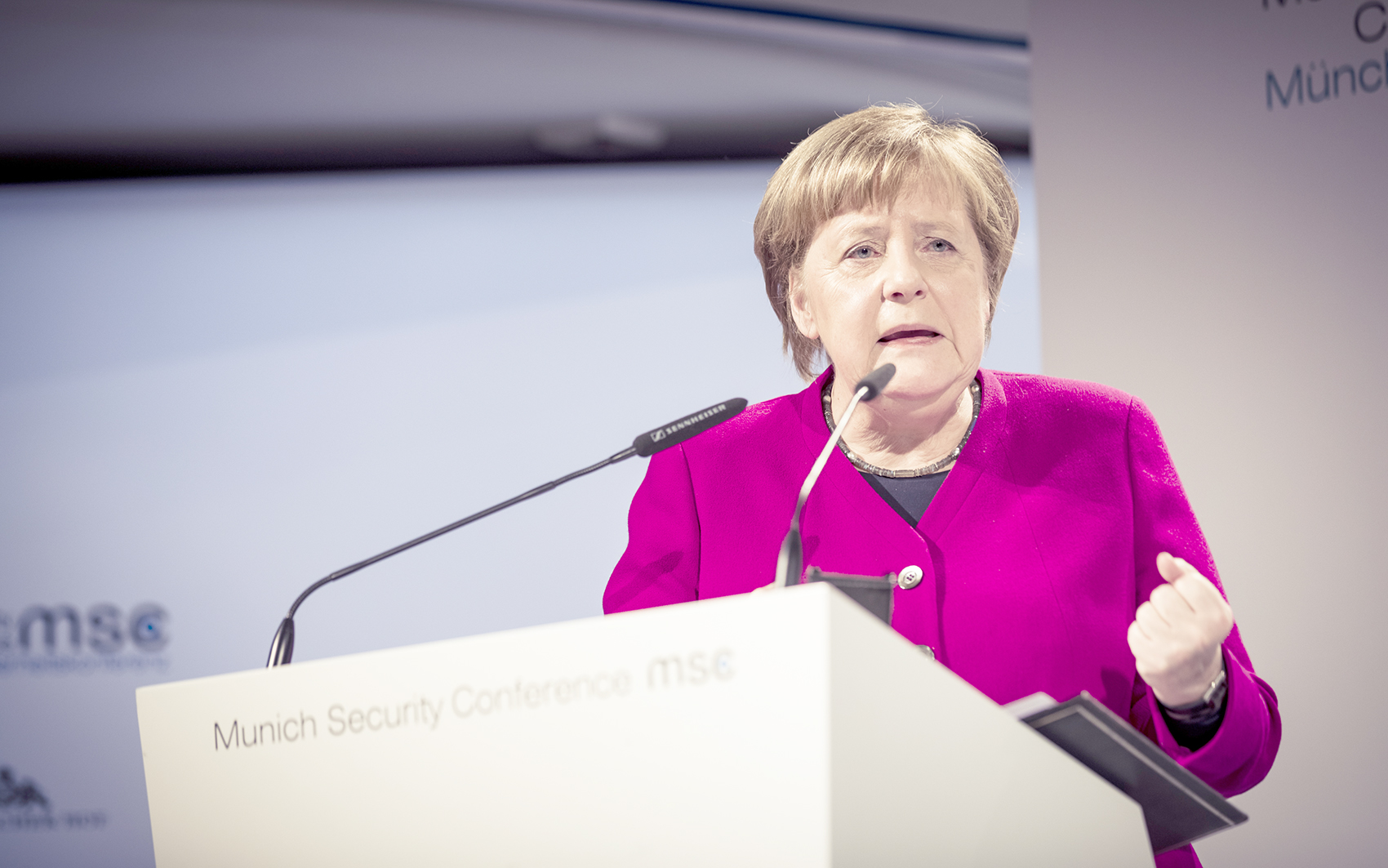 German Chancellor Angela Merkel addresses the Munich Security Conference