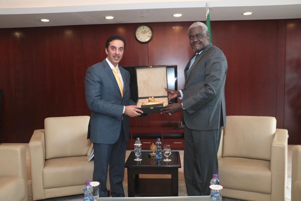 Chairman of the African Union (AU) Commission Moussa Faki  meets with Acting Assistant Foreign Minister for Africa Affairs Counselor Hamad Al-Mashaan
