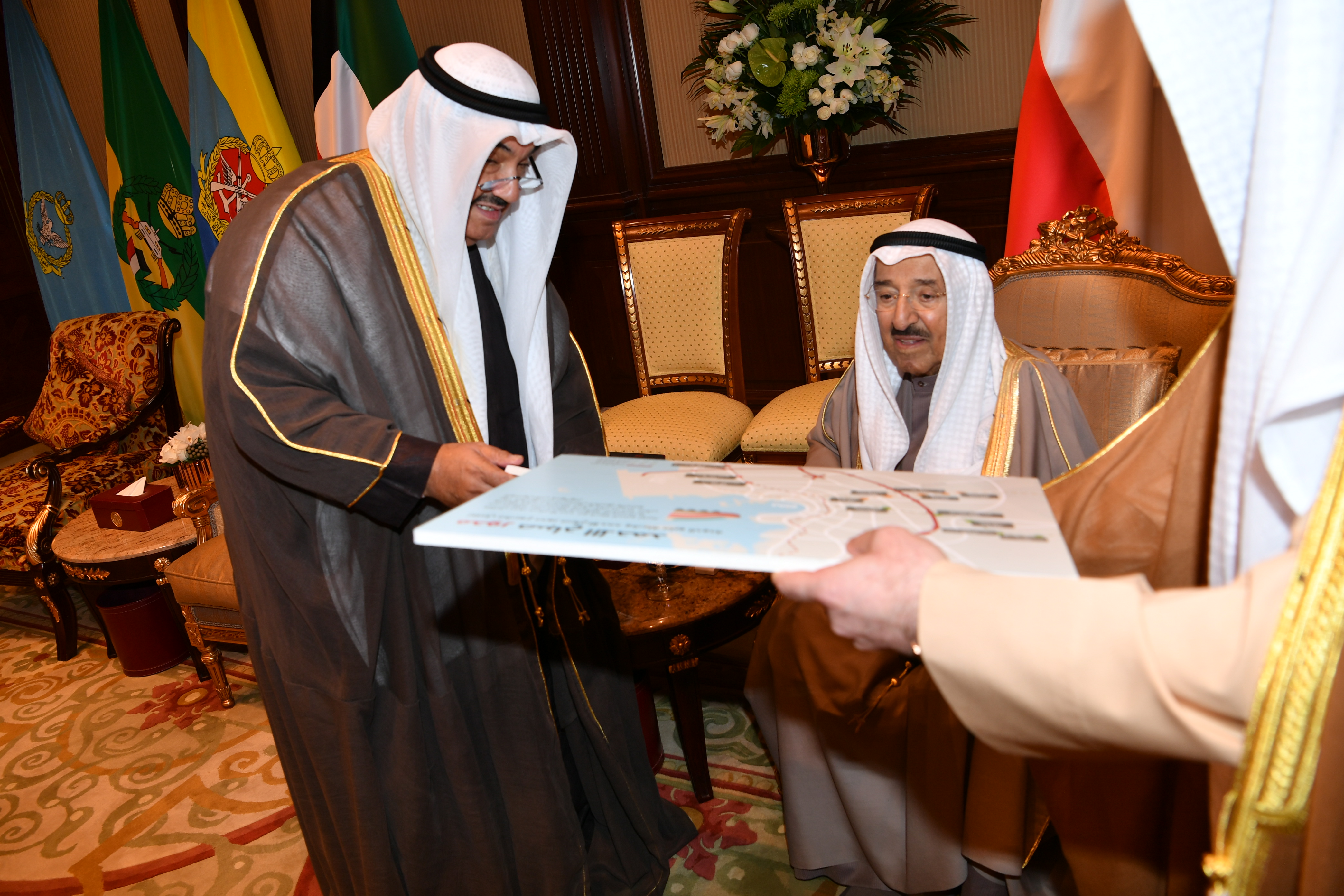His Highness the Amir Sheikh Sabah Al-Ahmad Al-Jaber Al-Sabah receives His Highness Sheikh Nasser Al-Mohammad Al-Ahmad Al-Sabah