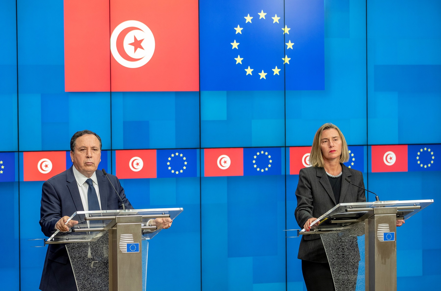 Tunisian FM Khemaies Jhinaoui and High Representative Federica Mogherini at the press conference