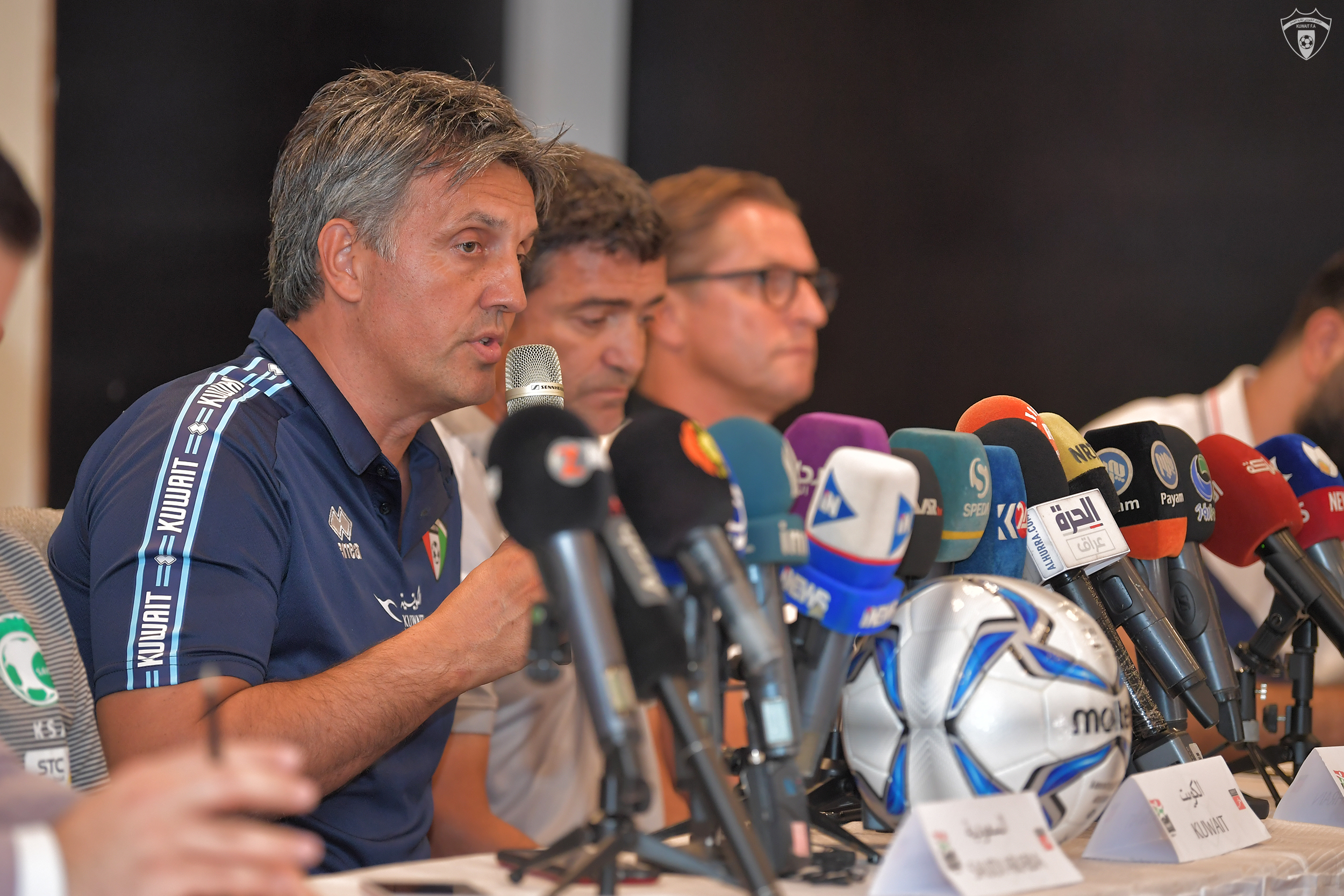 Croatian coach of the Kuwaiti soccer team speaking in the press conference