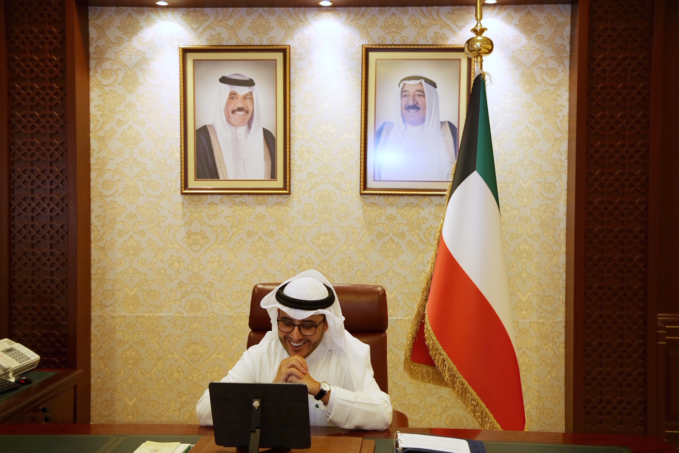 Foreign Minister Sheikh Dr. Ahmad Nasser Al-Mohammad during the  video call from  new (UNRWA) Commissioner-General Philippe Lazzarini