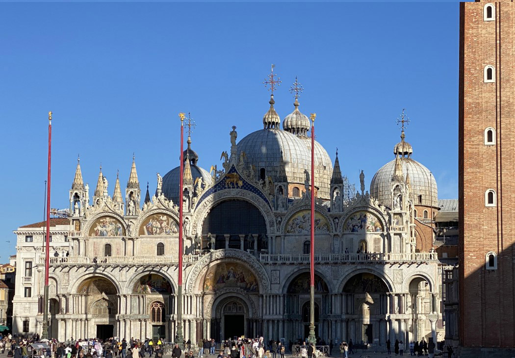The marble-made facade of San Marco Basilica in Venice