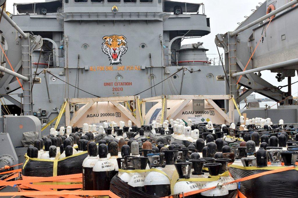 Indian naval ship carrying Kuwaiti medical oxygen cylinders arrives Mumbai