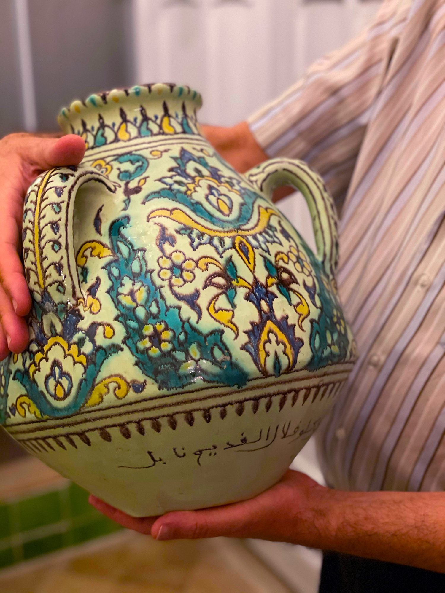 Decorated ready-for-sale vase with handles at Nabeul