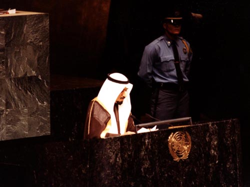 The late Amir Sheikh Jaber Al-Ahmad Al-Jaber Al-Sabah during his speech at the United Nation in 1990