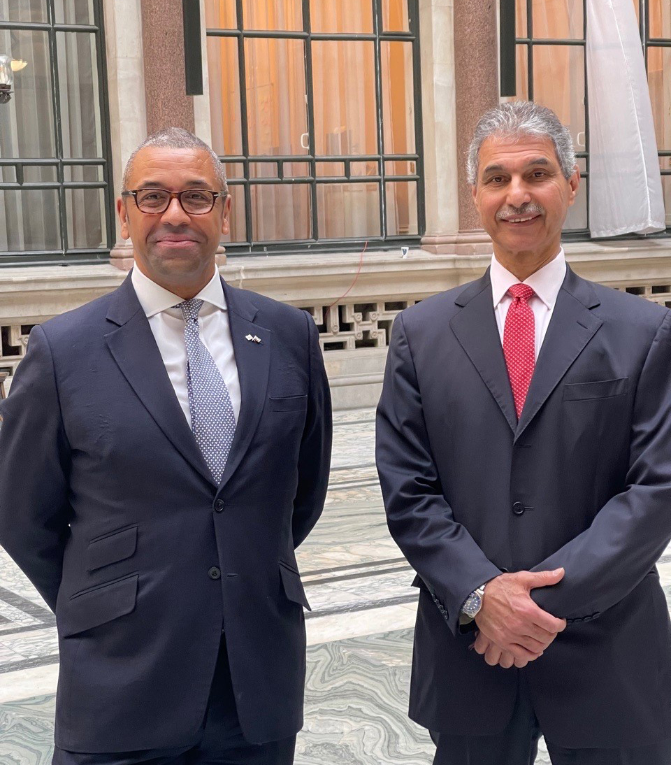 Kuwaiti diplomat Majdi Al-Theferi with State Minister for Middle East and North Africa James Cleverly