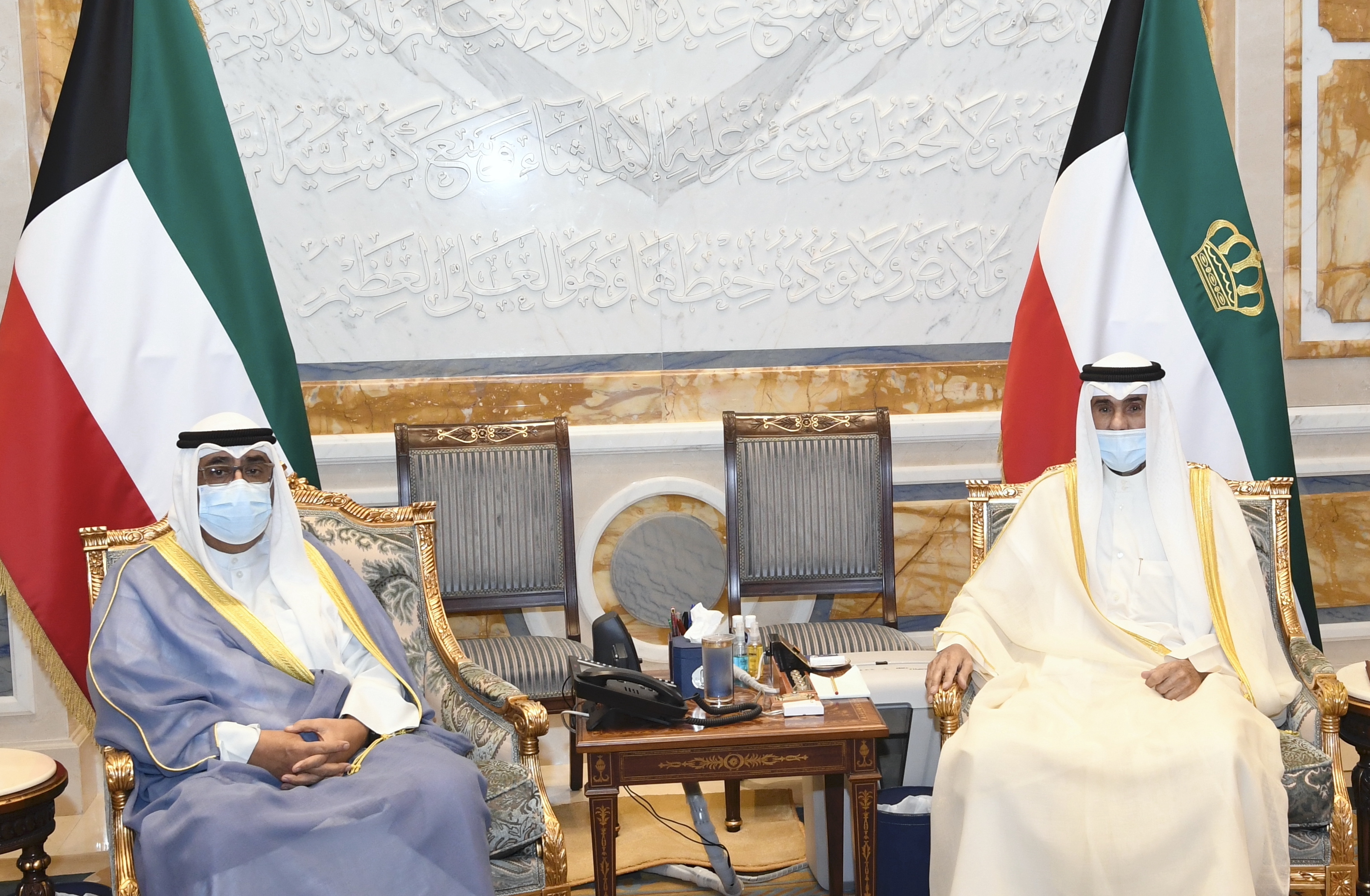 His Highness the Amir Sheikh Nawaf Al-Ahmad Al-Jaber Al-Sabah receives His Highness the Crown Prince