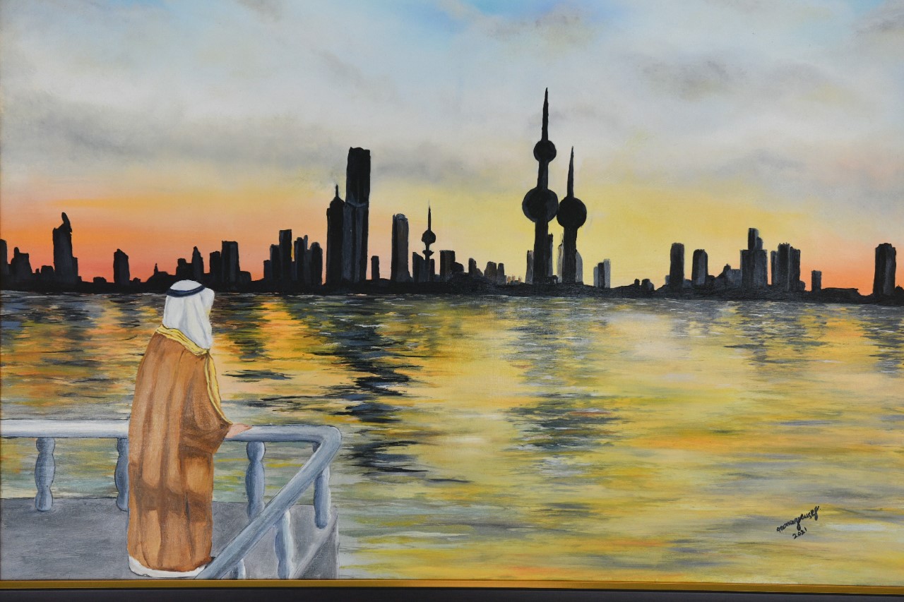 Late Amir Sheikh Sabah Al-Ahmad Al-Sabah at a balcony with Kuwait City across the sea