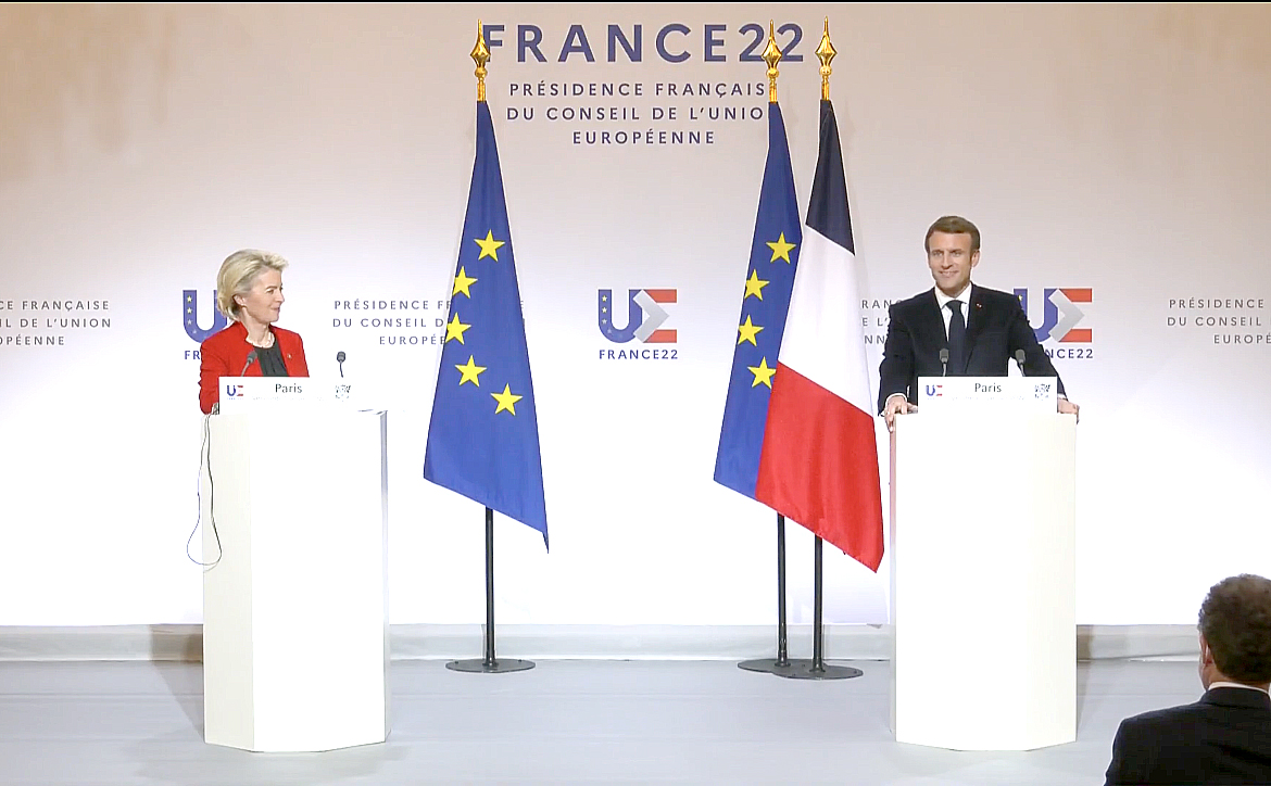 المؤتمر الصحفي المشترك للرئيس الفرنسي ورئيسة المفوضية الاوروبية بمناسبة انطلاق الرئاسة الفرنسية لمجلس الاتحاد الأوروبي