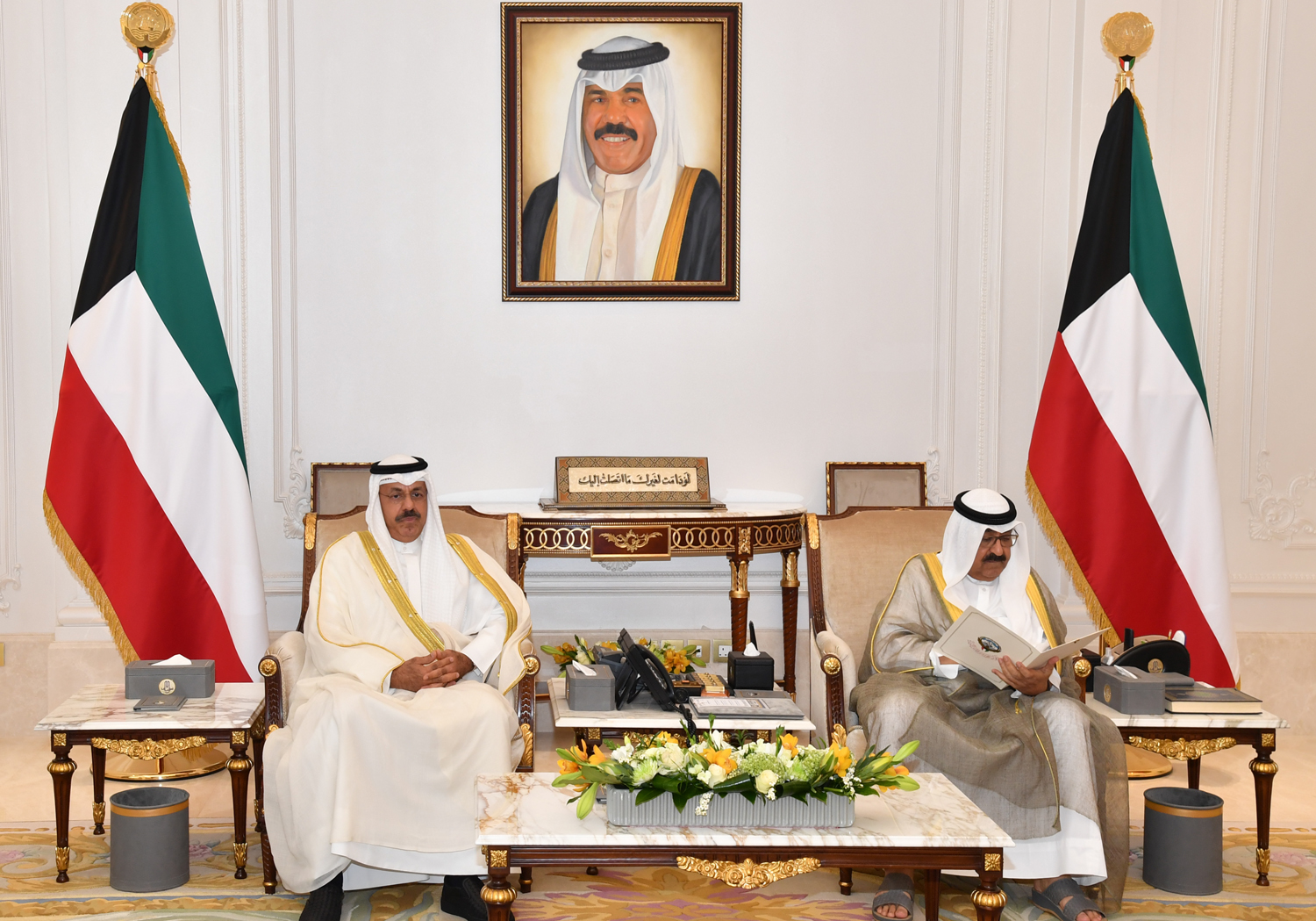 His Highness Crown Prince Sheikh Mishal Al-Ahmad Al-Jaber Al-Sabah receives His Highness Prime Minister Sheikh Ahmad Nawaf Al-Ahmad Al-Sabah