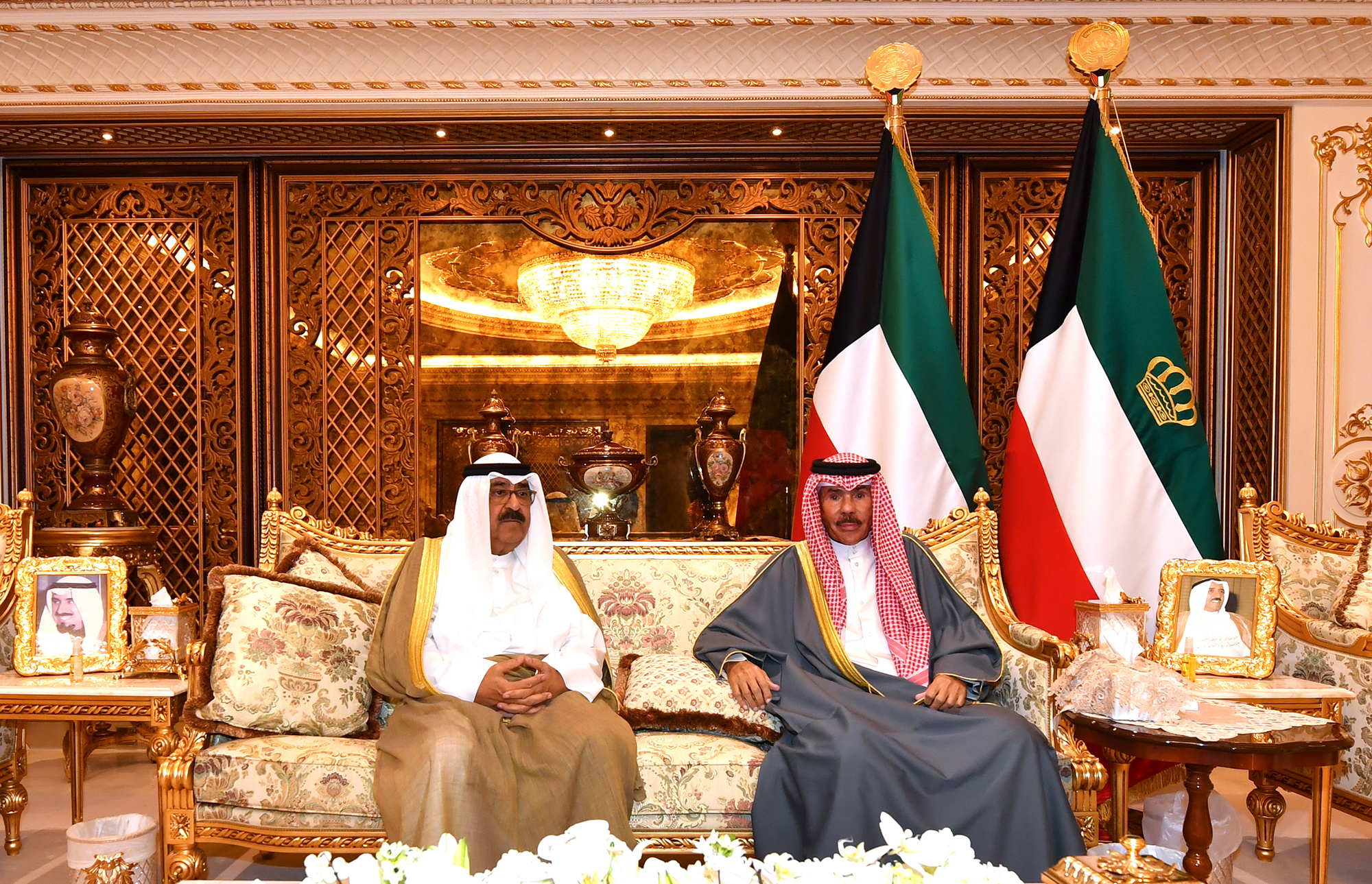 His Highness Amir Sheikh Nawaf Al-Ahmad Al-Jaber Al-Sabah receives His Highness Crown Prince Sheikh Mishal Al-Ahmad Al-Jaber Al-Sabah 