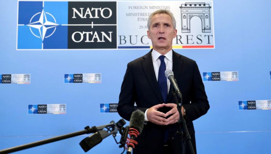 NATO chief Jens Stoltenberg speaking to reporters in Bucharest