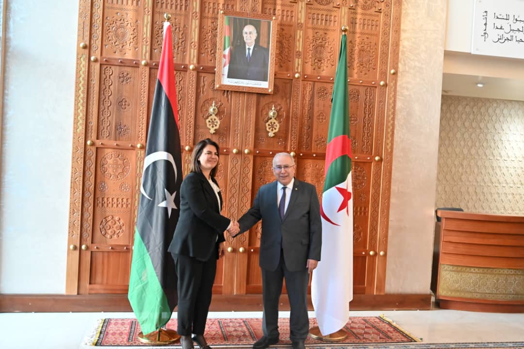 الرئيس الجزائري عبد المجيد تبون خلال لقائه وزيرة الخارجية الليبية نجلاء المنقوش