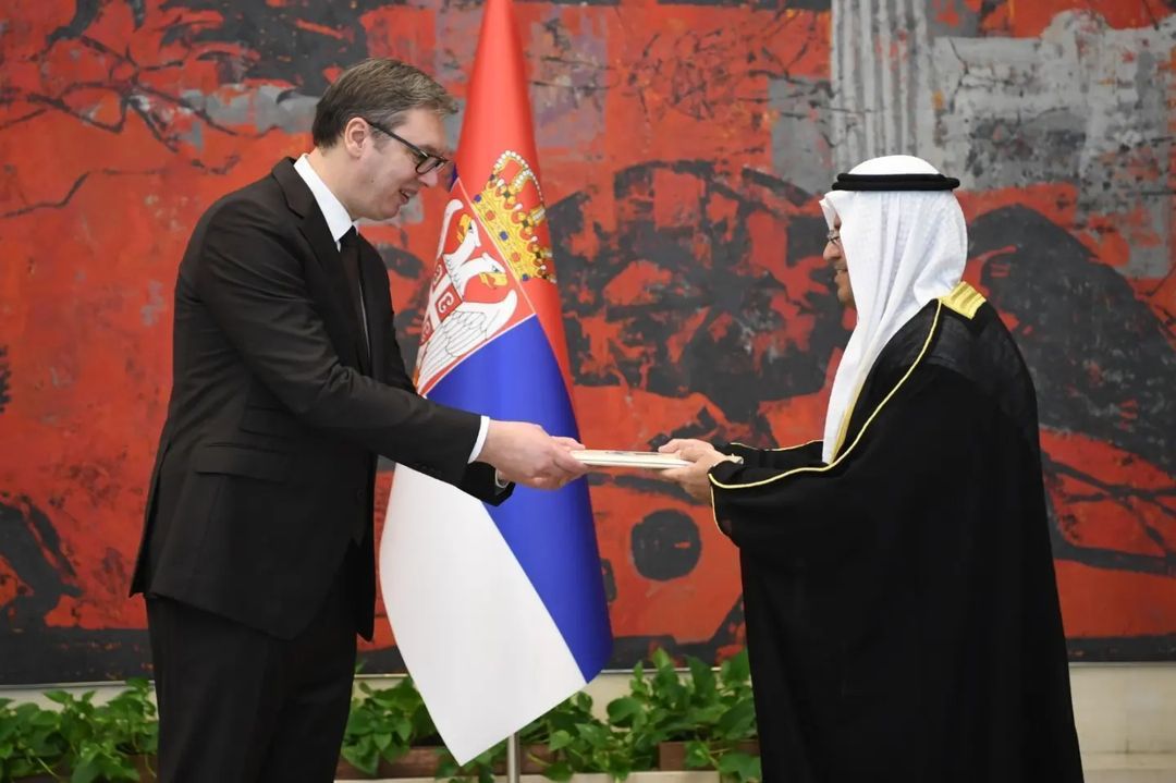 Kuwait's Ambassador Fayez Al-Mutairi with the Serbian President Aleksandar Vucic