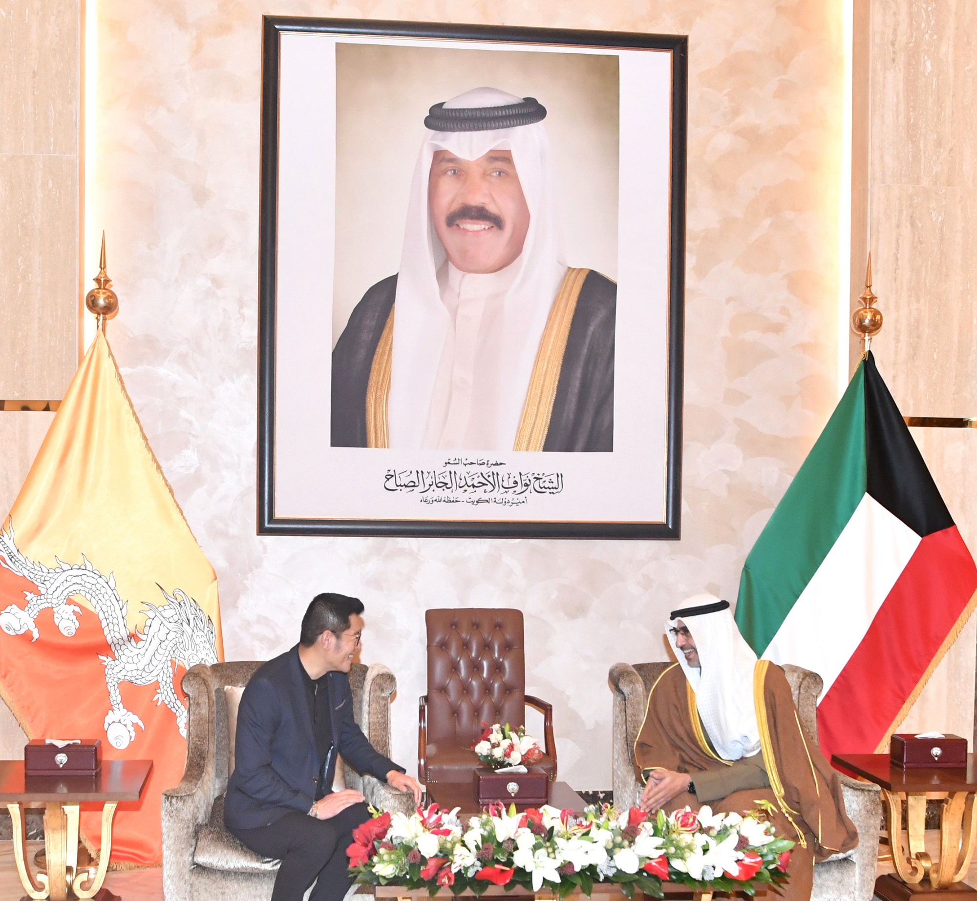 وزير شؤون الديوان الأميري الشيخ محمد عبدالله المبارك الصباح يستقبل الملك جيغمي كيسار نامجيل وانجشوك ملك بوتان