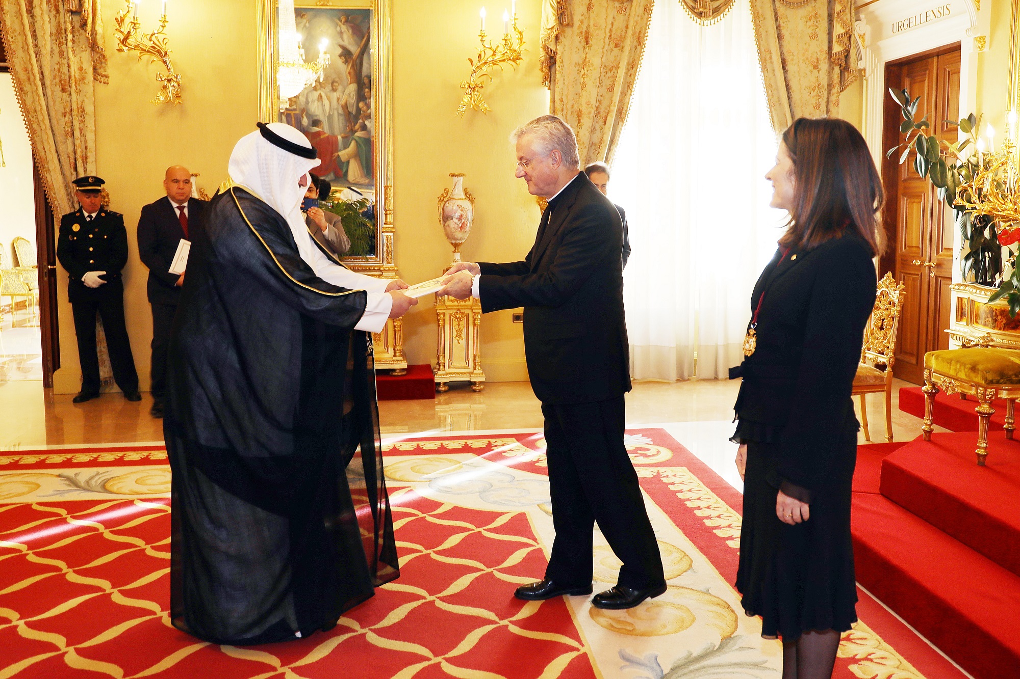Kuwait's Ambassador to Spain Khalifa Al-Kharafi presents his credentials to Co-Prince of Andorra Bishop Joan Enric Vives i Sicilia as a non-resident envoy