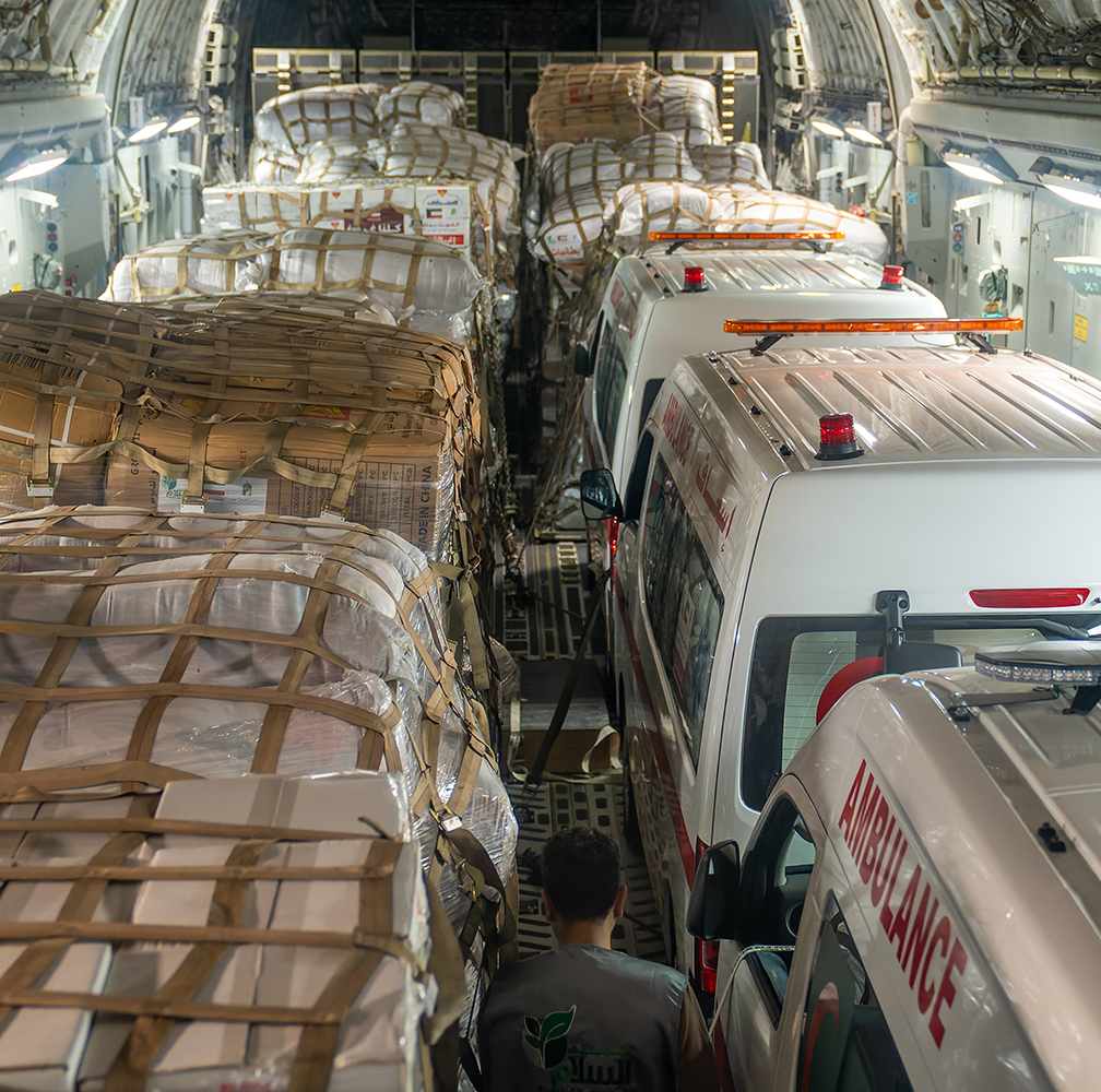 Relief aid and ambulances carried onboard the 25th plane
