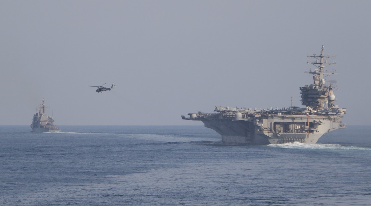 Carrier Strike Group Eisenhower (IKECSG) on its transit of the Strait of Hormuz to the Arabian Gulf