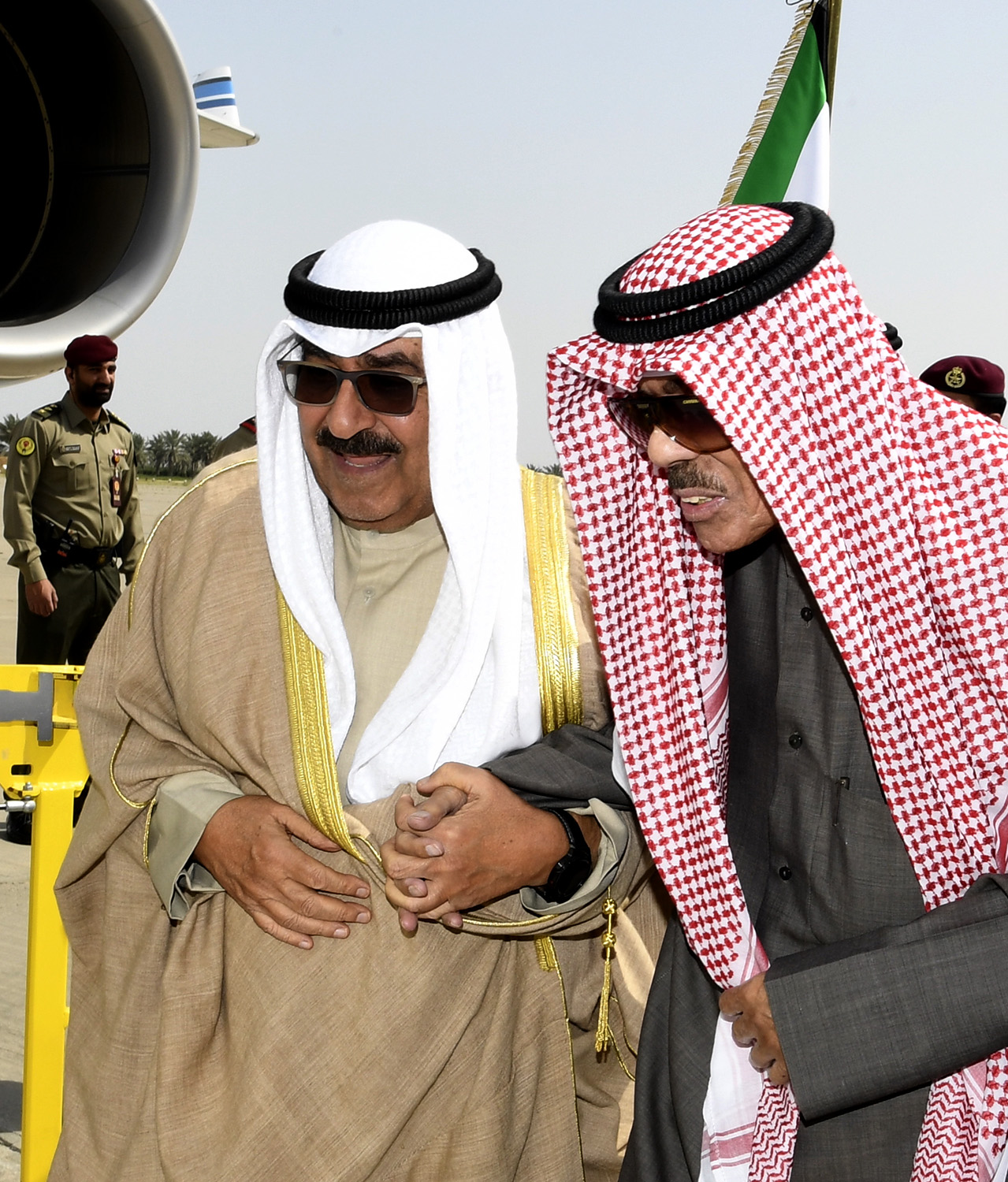 His Highness the (late) Amir Sheikh Nawaf Al-Ahmad Al-Jaber Al-Sabah departs to Italy, seen off by His Highness the (former) Deputy Amir and Crown Prince Sheikh Mishal Al-Ahmad Al-Jaber Al-Sabah