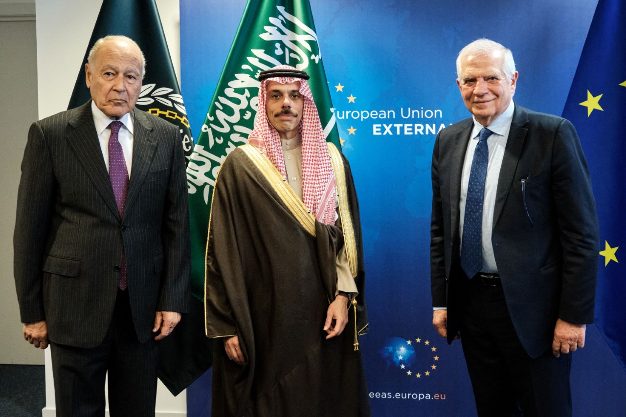 EU's  Borrell meets Arab League Secretary-General foreign minister of Saudi Arabia
