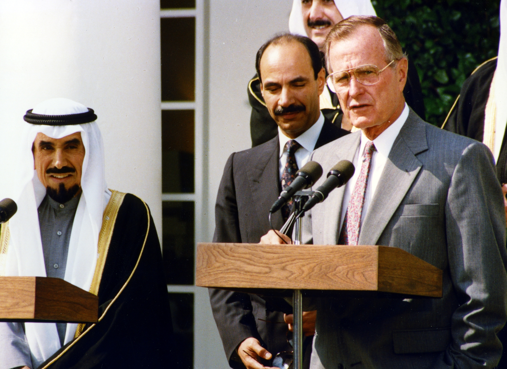 The late Amir Sheikh Jaber Al-Ahmad Al-Jaber Al-Sabah with late US  President George Bush senior and Kuwaiti Ambassador to Washington Sheikh Saud Al-Nasser Al-Sabah