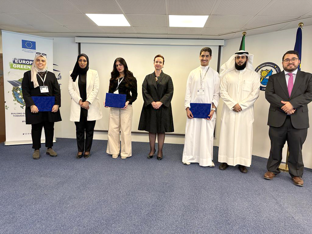 The three winners of the competition are Anfal Al-Enezi, Fahad Al-Sabah and Fatima Al-Kandari with Irina Gusacenko, Charge d'Affaires of the European Union Delegation to Kuwait