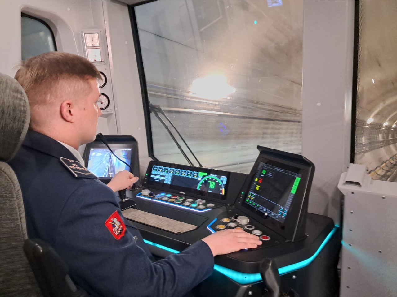 The conductor's cabin of a train on Moscow metro network