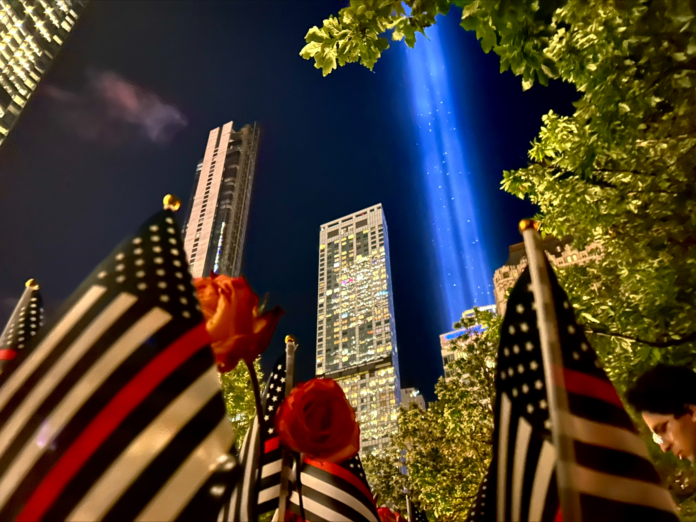 Flowers, flags and lights display... Grit of New York city during 9/11 anniversary