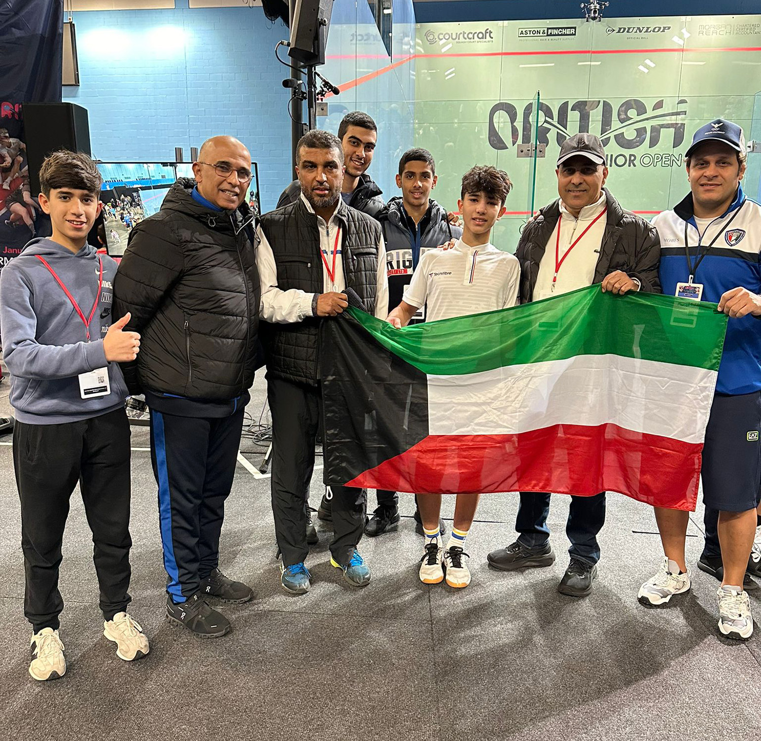 Kuwaiti squash athlete Abdullah Hani with other athletes who participated in the British Open Squash championship's under-15 category