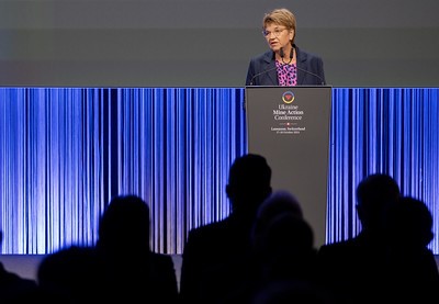 Swiss Federal President Viola Amherd speaks at the plenary at the Ukraine Mine Action Conference