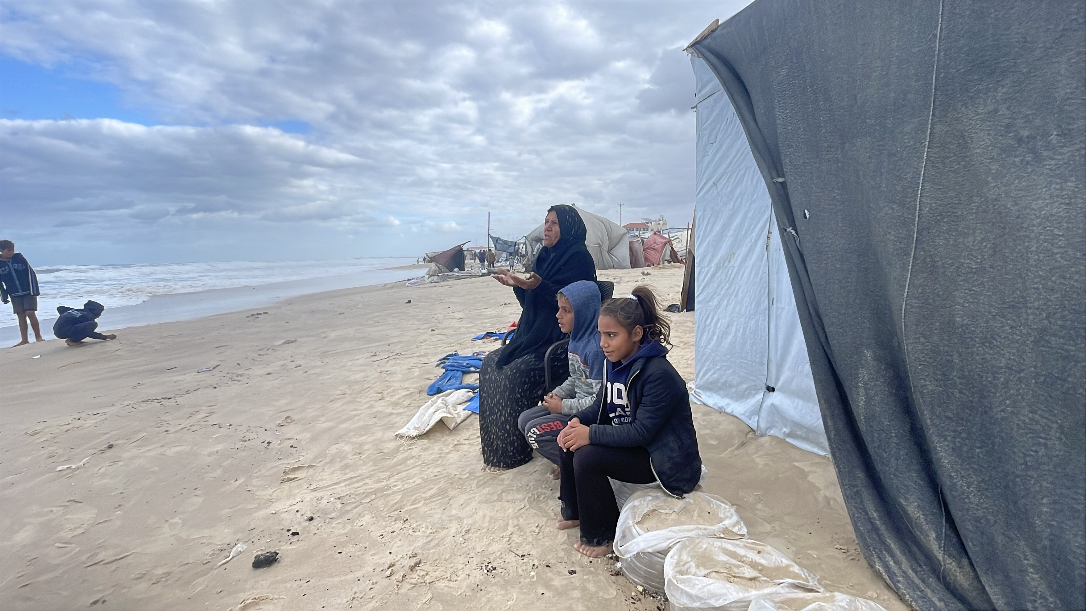 High winds caused sea level to rise damaging displaced Palestinians' tents on the shores of Khan Yunis, south of the Gaza