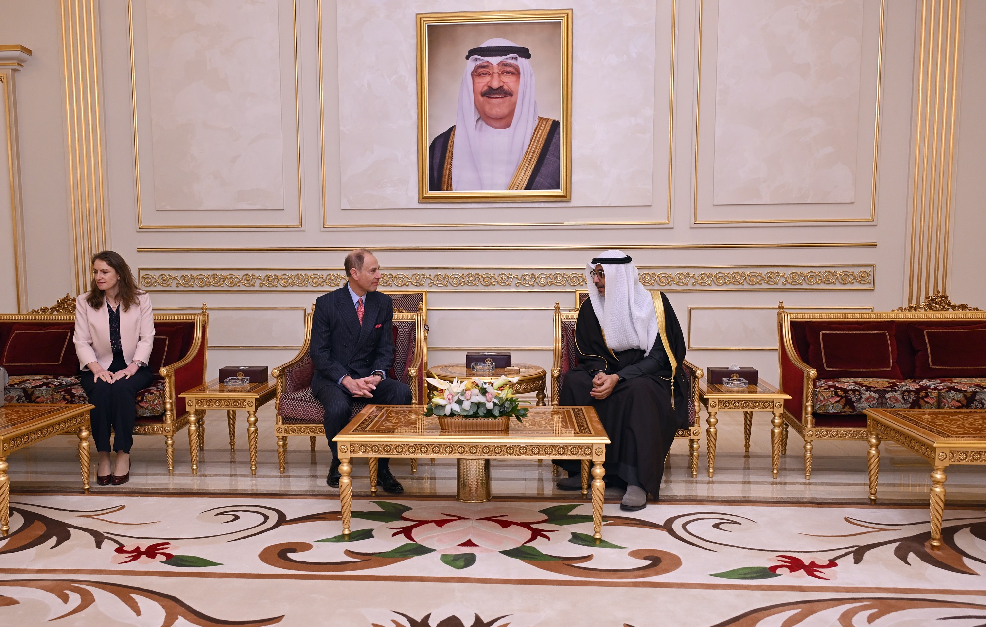 British Royal Prince Edward, Duke of Edinburgh received by Minister of the Amiri Diwan Affairs Sheikh Mohammad Abdullah Al-Mubarak Al-Sabah