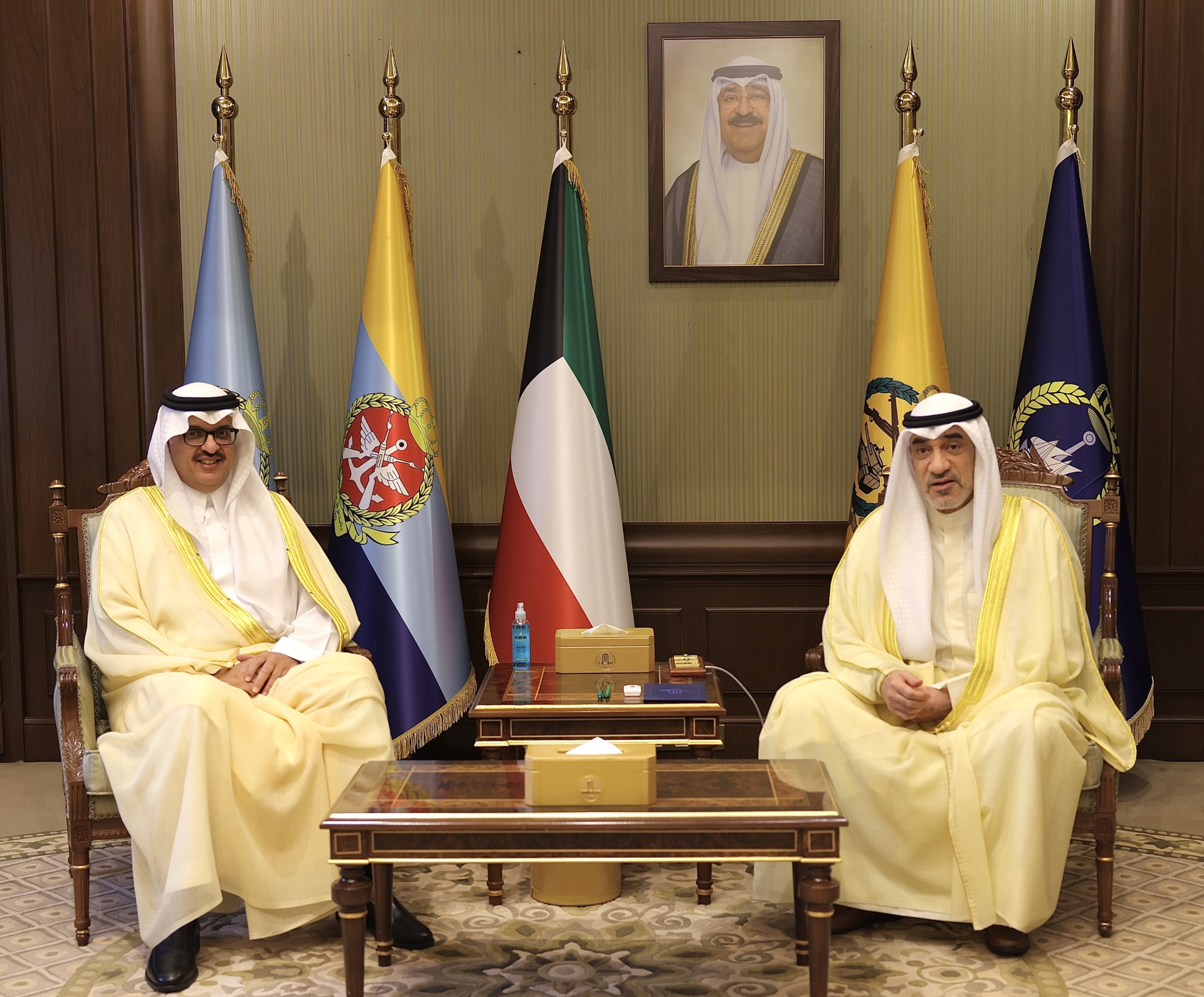 Kuwaiti Deputy Prime Minister, Minister of Defense and Acting Minister of Interior Sheikh Fahad Yousef Saud Al-Sabah receives Saudi Arabia Ambassador Prince Sultan bin Saad bin Khaled Al-Saud
