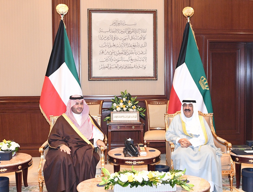 His Highness the Amir Sheikh Meshal Al-Ahmad Al-Jaber Al-Sabah receives Saudi Minister of State and Cabinet Member Prince Turki bin Mohammad bin Fahad bin Abdulaziz Al-Saud