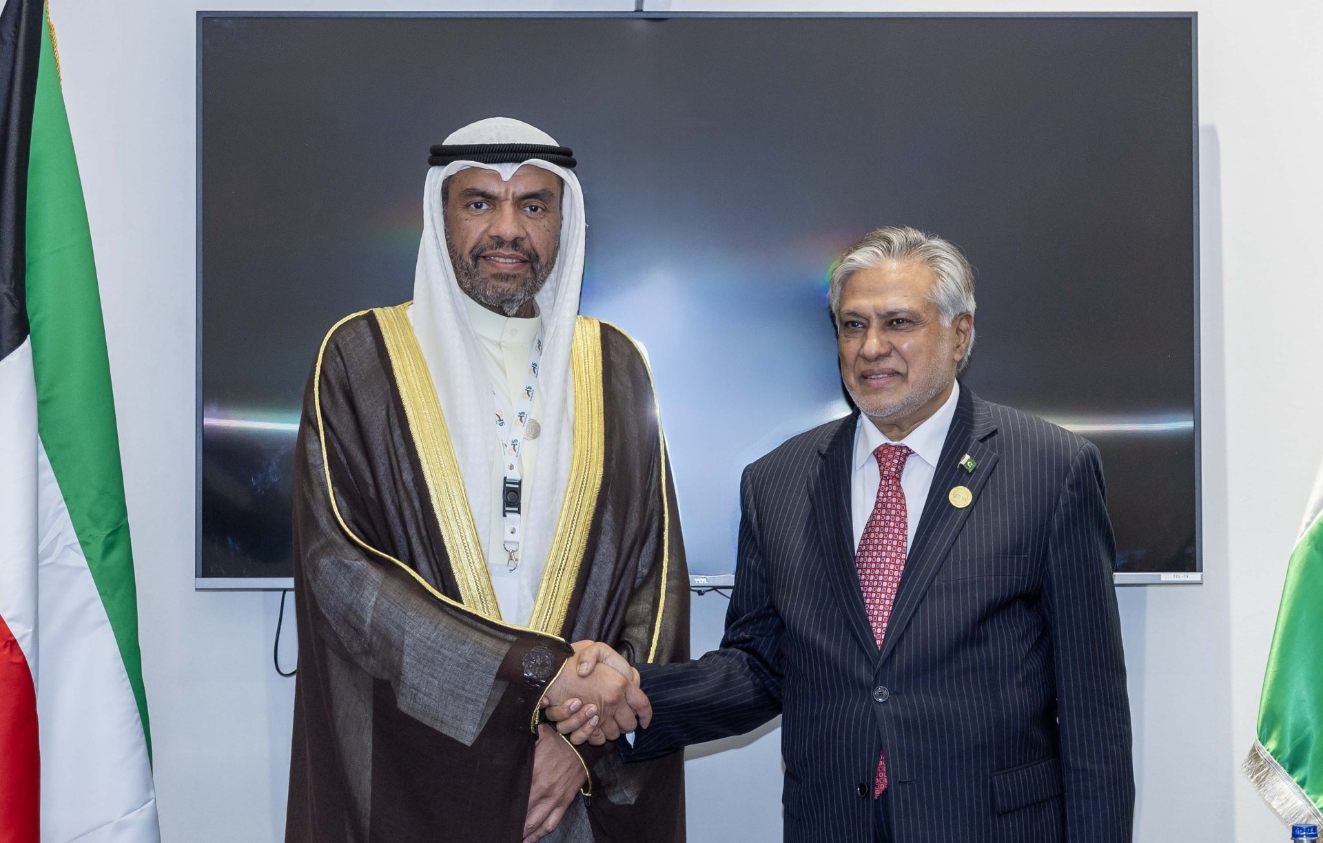 Representative of His Highness the Amir, the Foreign Minister meets Deputy Prime Minister and Foreign Minister of Pakistan Mohammad Ishaq Dar on the sidelines of the OIC Summit