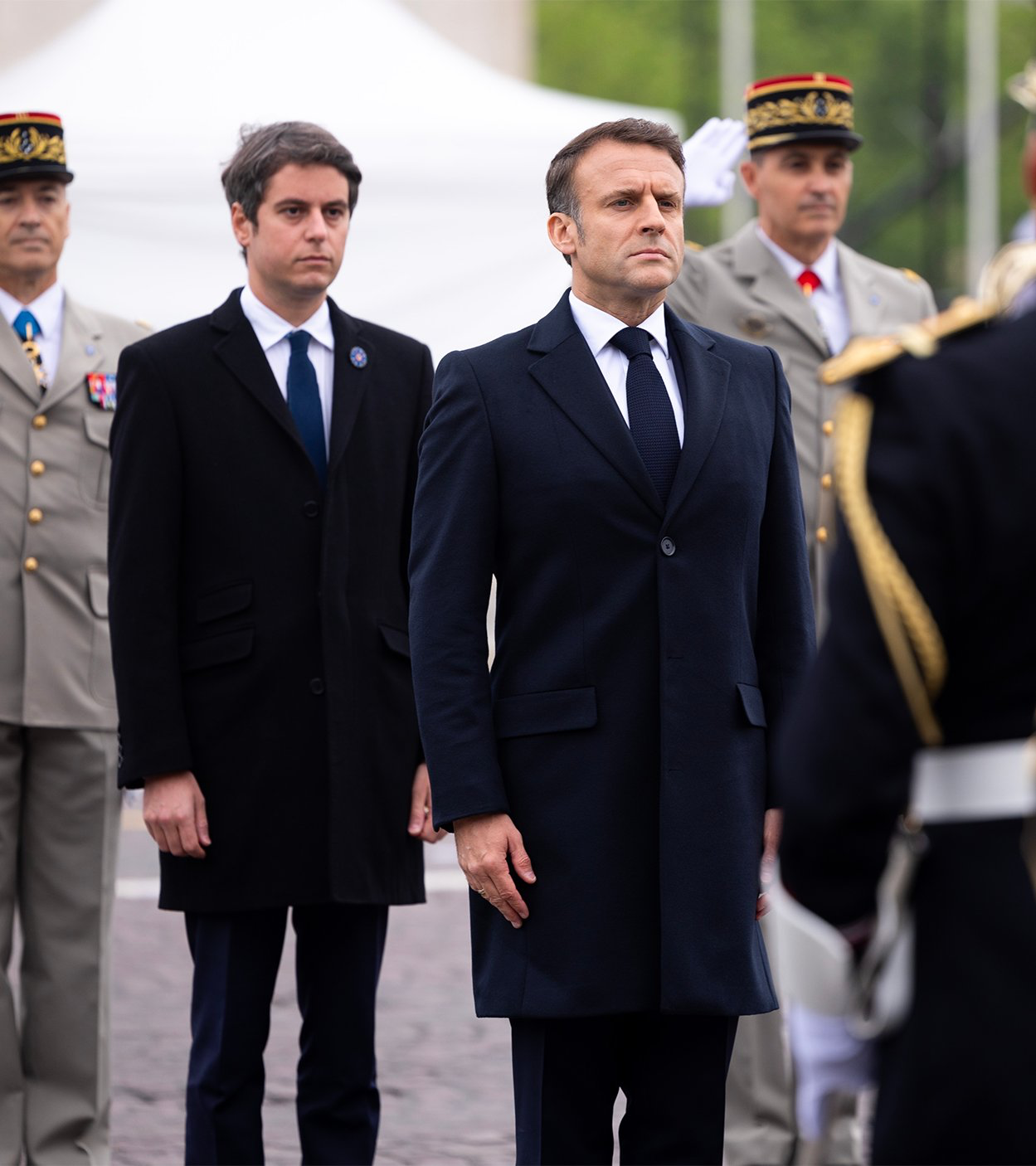 French President and Prime Minister at the celebration of the 79th anniversary of the allies victory during World War II